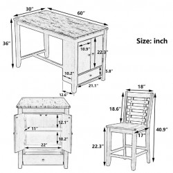5Pc Marble Top Dining Pub Set with Side Storage- Oak