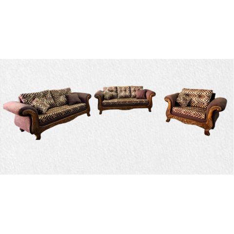 Living Room Suite 3pc Fully Upholstered with Wood Carving & Scattered Cushions