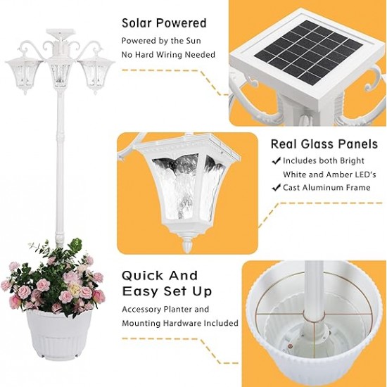 Sun-Ray Vittoria Tall Post 3-Head Solar Lamp and Planter- White