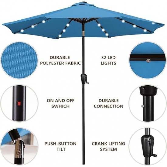 Sun-Ray 9ft Round Solar Lighted Umbrella with Base, 8Rib - Teal