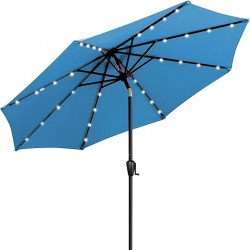 Sun-Ray 9ft Round Solar Lighted Umbrella with Base, 8Rib - Teal