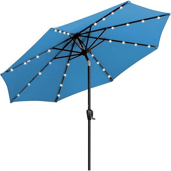 Sun-Ray 9ft Round Solar Lighted Umbrella with Base, 8Rib - Teal