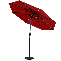 Sun-Ray 9ft Round Solar Lighted Umbrella with Base, 8Rib- Scarlet