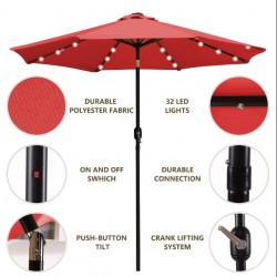 Sun-Ray 9ft Round Solar Lighted Umbrella with Base, 8Rib- Scarlet