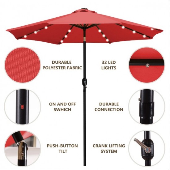 Sun-Ray 9ft Round Solar Lighted Umbrella with Base, 8Rib- Scarlet
