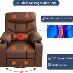 Swivel Rocker Recliner with 8 Point Heat Massage & Cupholders- Brown