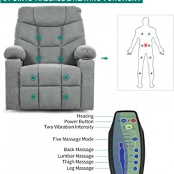 Swivel Rocker Recliner with 8 Point Heat Massage & Cupholders- Grey