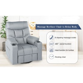 Swivel Rocker Recliner with 8 Point Heat Massage & Cupholders- Grey