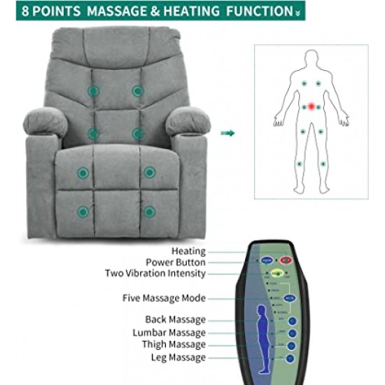 Swivel Rocker Recliner with 8 Point Heat Massage & Cupholders- Grey