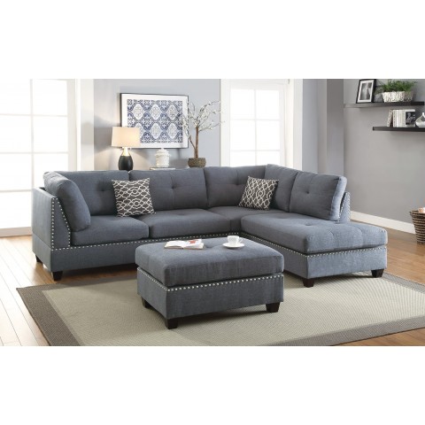 Living Room Sectional L-Shape with Ottoman & Throw Pillows- Grey