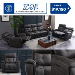 Icon 3pc 5 Powered Recliner Living Room Suite- Grey