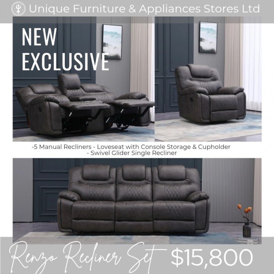 Renzo 3pc Living Room Suite with 5 Manual Recliner, Console and Single Glider-Grey